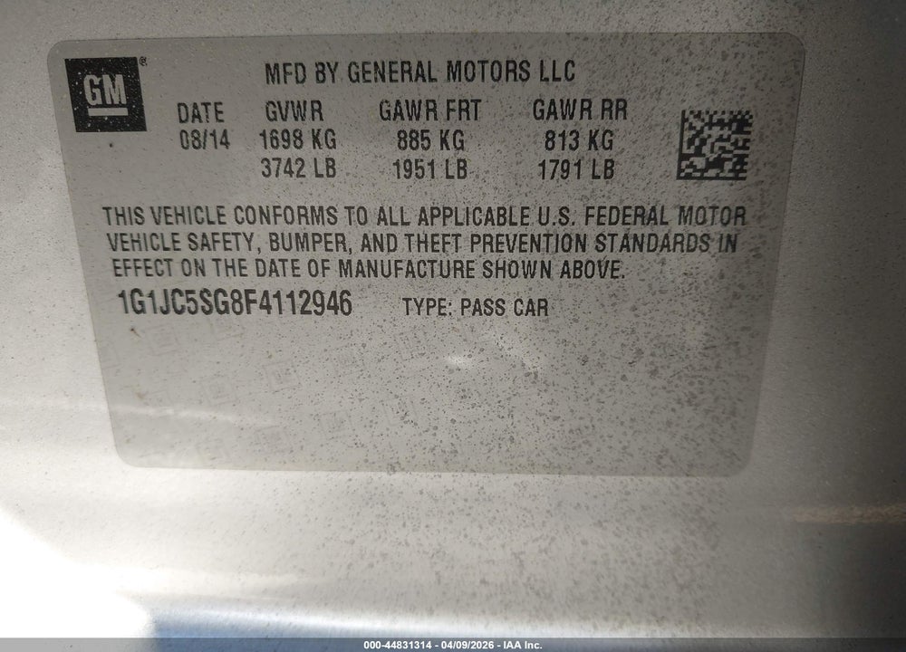 2015 CHEVROLET SONIC LT AUTO VIN: 1G1JC5SG8F4112946