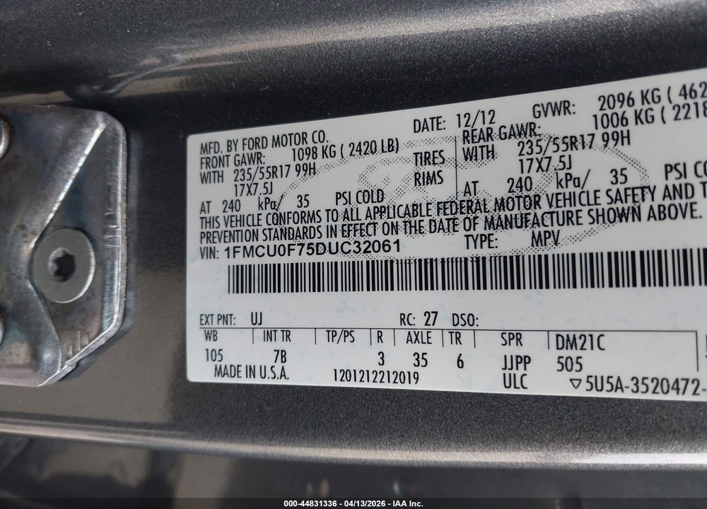 2013 FORD ESCAPE S VIN: 1FMCU0F75DUC32061