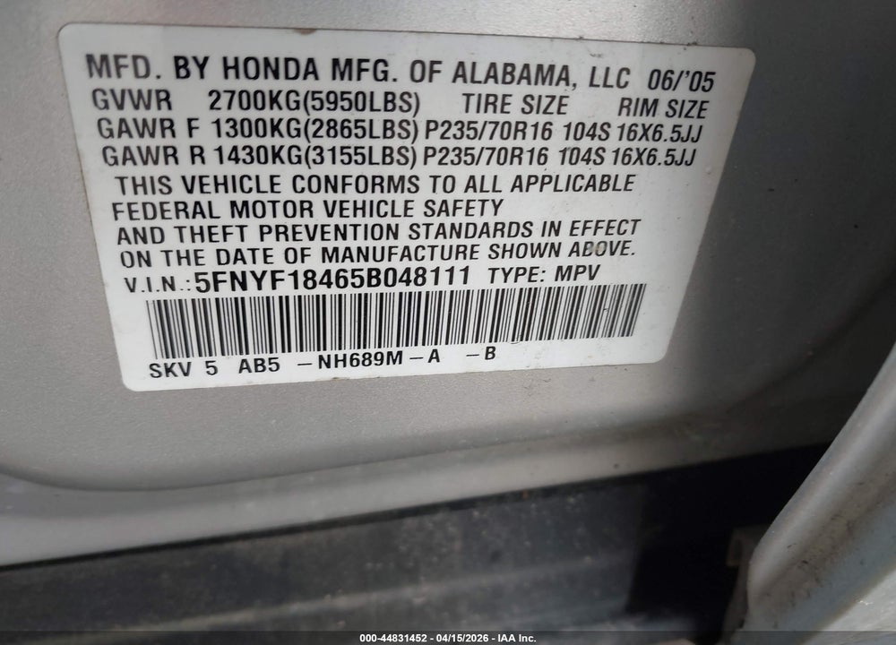 2005 HONDA PILOT EX VIN: 5FNYF18465B048111