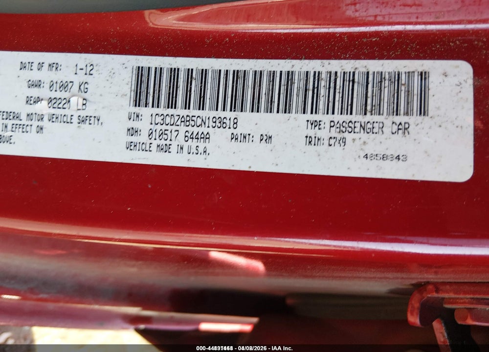 2012 DODGE AVENGER SE VIN: 1C3CDZAB5CN193618