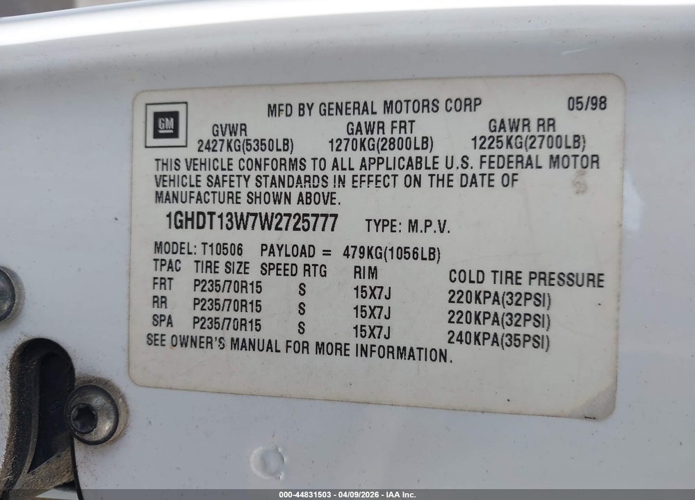 1998 OLDSMOBILE BRAVADA VIN: 1GHDT13W7W2725777