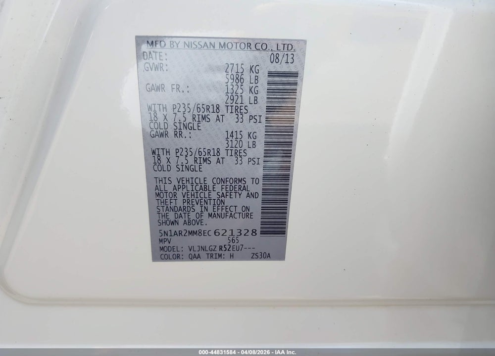 2014 NISSAN PATHFINDER SL VIN: 5N1AR2MM8EC621328