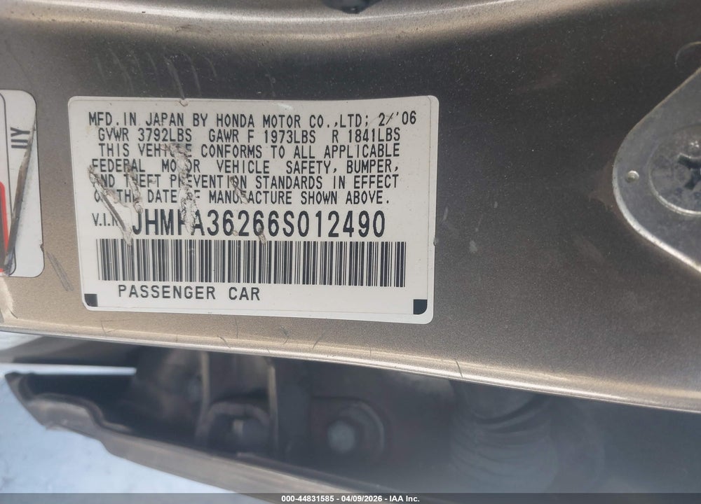 2006 HONDA CIVIC HYBRID VIN: JHMFA36266S012490