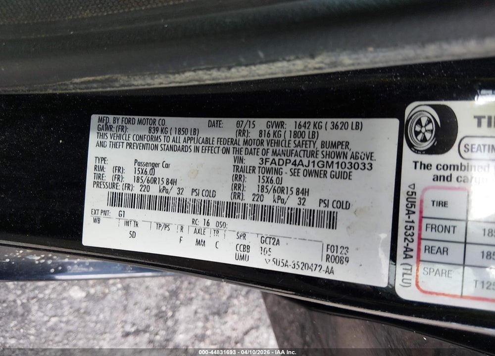 2016 FORD FIESTA S VIN: 3FADP4AJ1GM103033