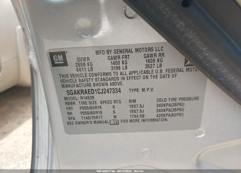 2012 BUICK ENCLAVE VIN: 5GAKRAED1CJ247334
