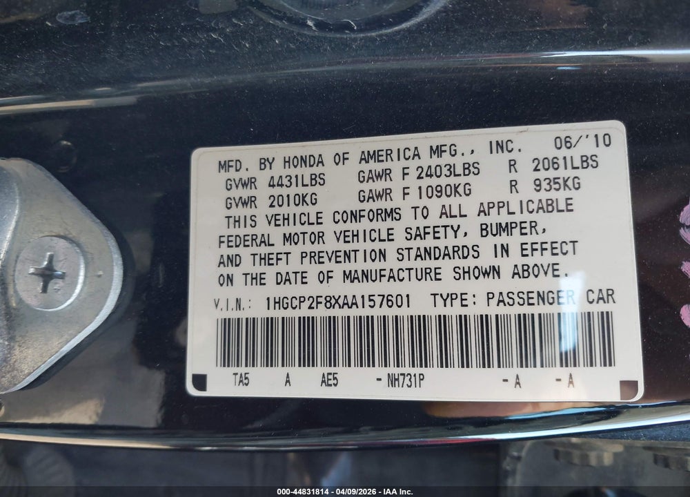 2010 HONDA ACCORD 2.4 EX-L VIN: 1HGCP2F8XAA157601