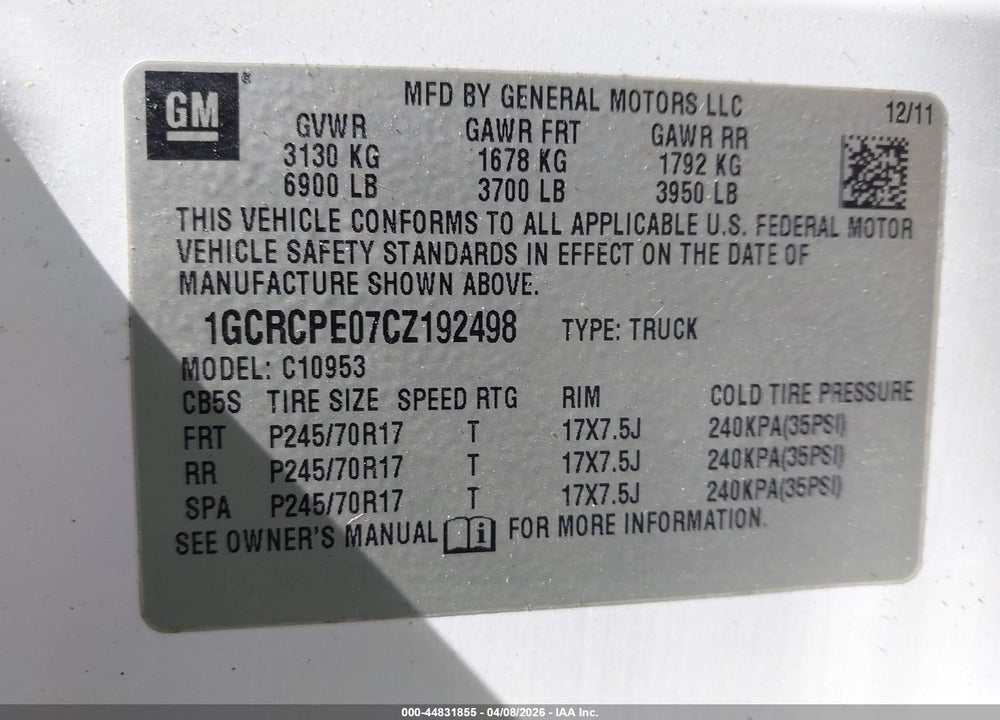 2012 CHEVROLET SILVERADO 1500 WORK TRUCK VIN: 1GCRCPE07CZ192498