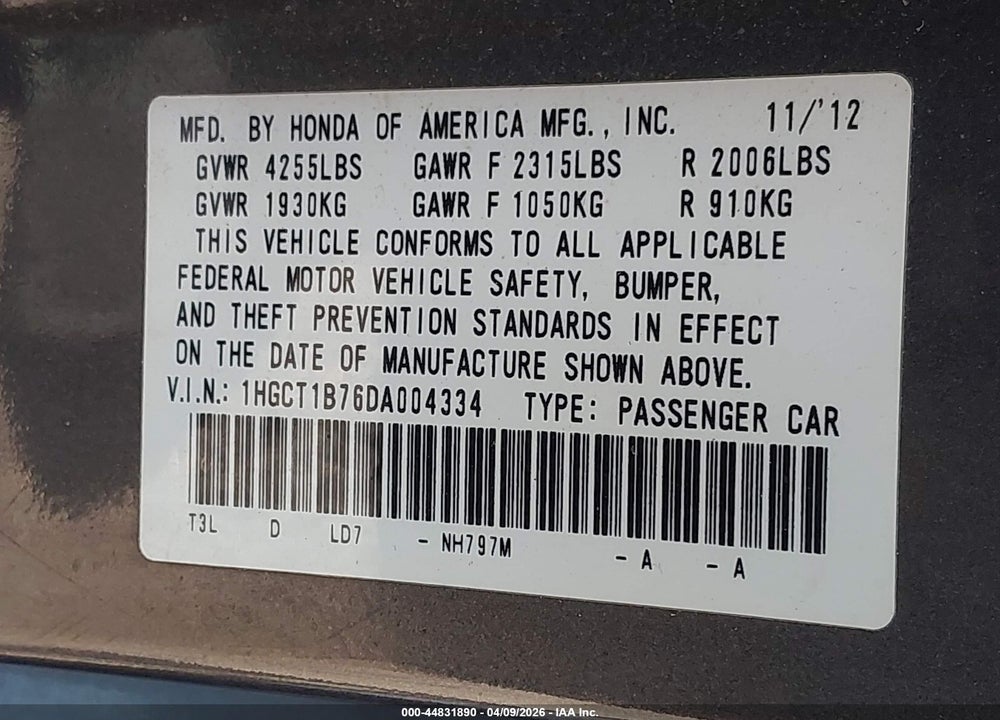 2013 HONDA ACCORD EX VIN: 1HGCT1B76DA004334