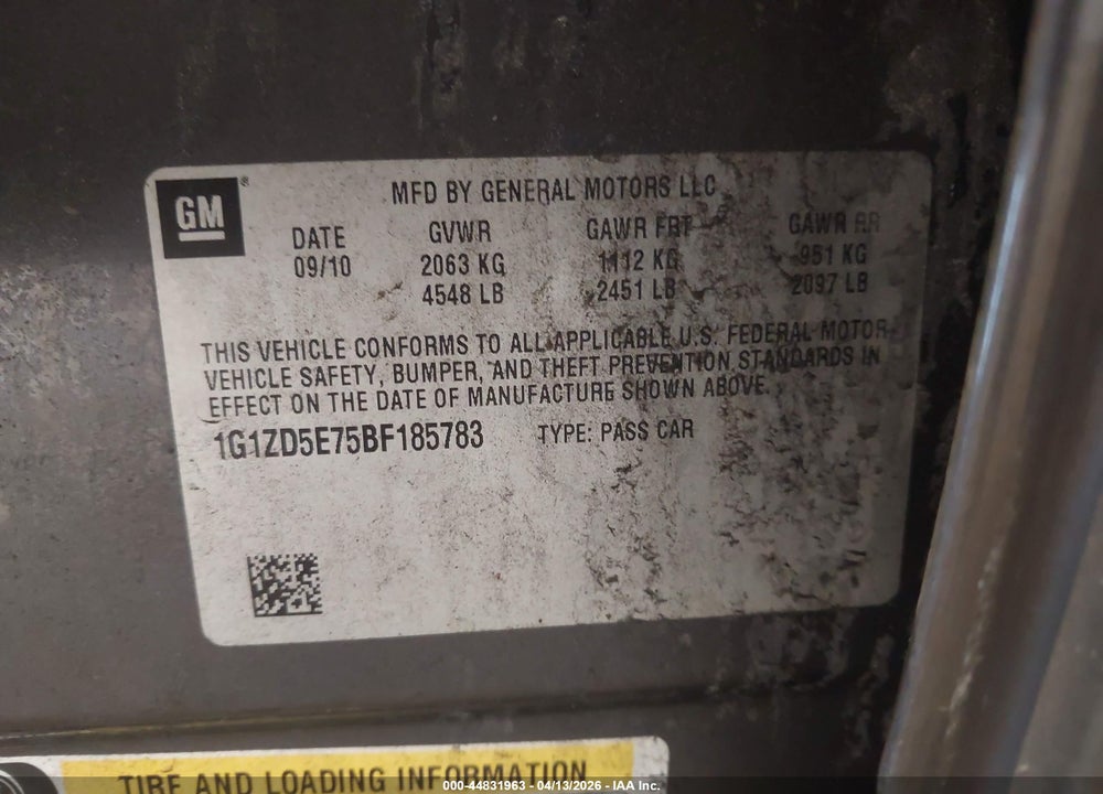 2011 CHEVROLET MALIBU 2LT VIN: 1G1ZD5E75BF185783