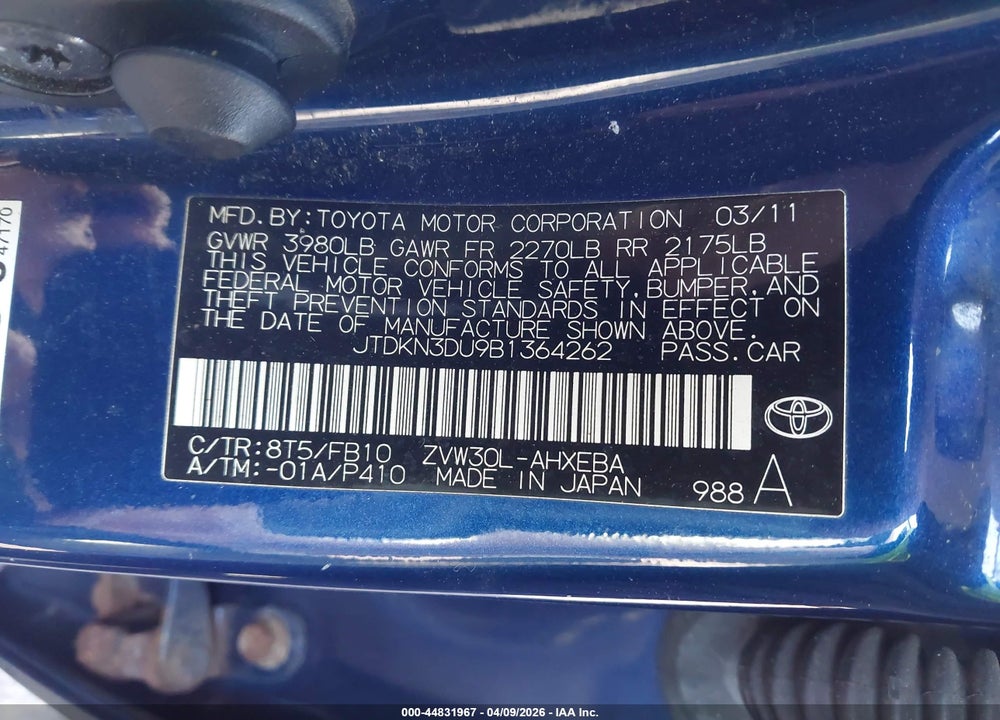 2011 TOYOTA PRIUS TWO VIN: JTDKN3DU9B1364262