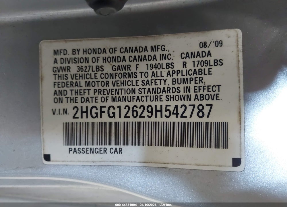 2009 HONDA CIVIC LX VIN: 2HGFG12629H542787