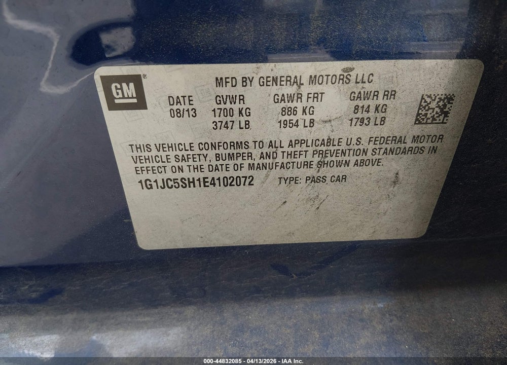 2014 CHEVROLET SONIC LT VIN: 1G1JC5SH1E4102072