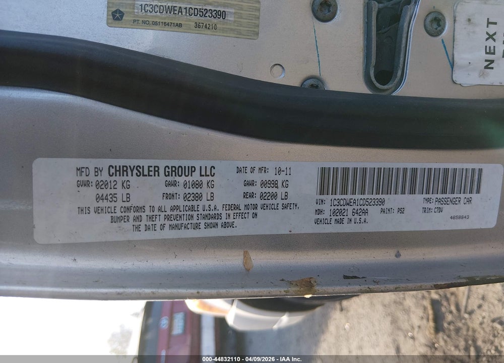 2012 DODGE CALIBER SXT PLUS VIN: 1C3CDWEA1CD523390