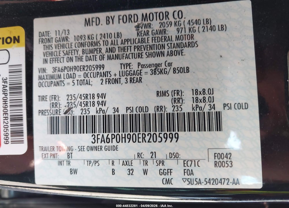 2014 FORD FUSION SE VIN: 3FA6P0H90ER205999