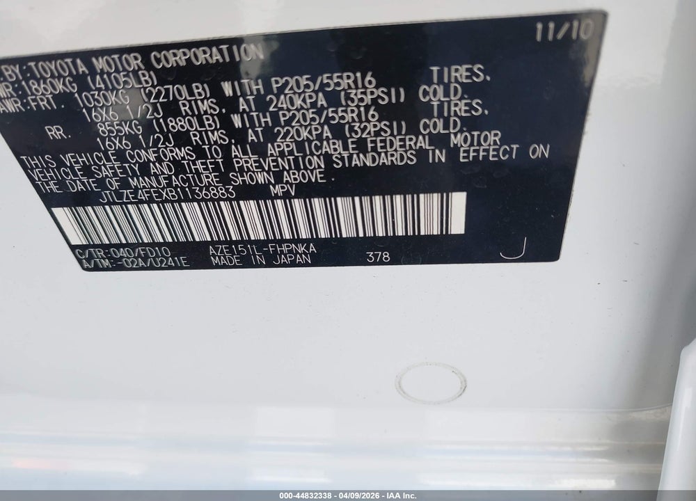 2011 SCION XB VIN: JTLZE4FEXB1136883