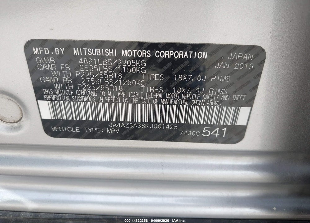 2019 MITSUBISHI OUTLANDER SEL VIN: JA4AZ3A38KJ001425