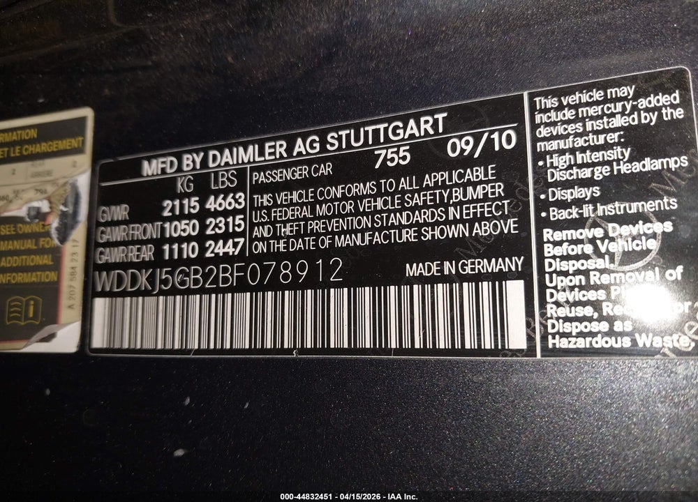 2011 MERCEDES-BENZ E 350 VIN: WDDKJ5GB2BF078912