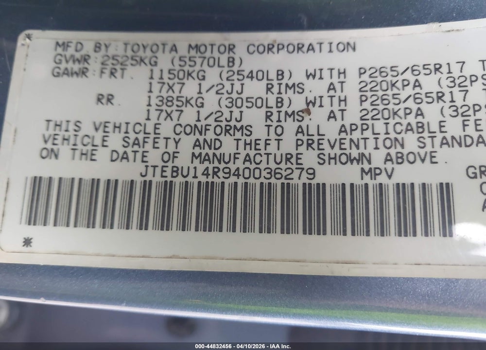 2004 TOYOTA 4RUNNER SR5 V6 VIN: JTEBU14R940036279