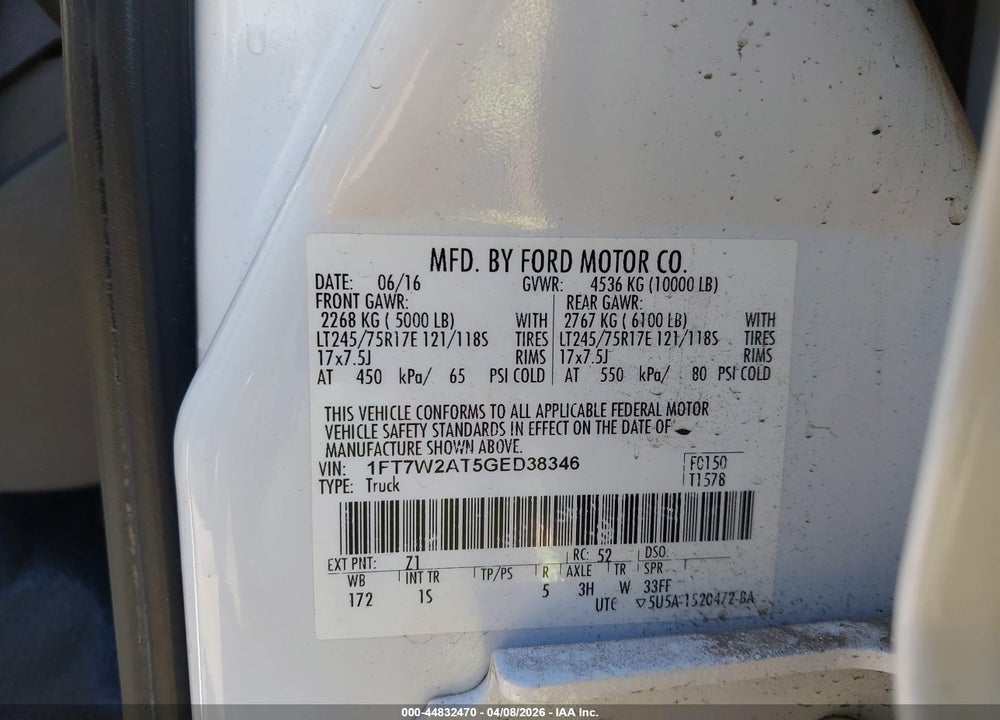 2016 FORD F-250 XL VIN: 1FT7W2AT5GED38346