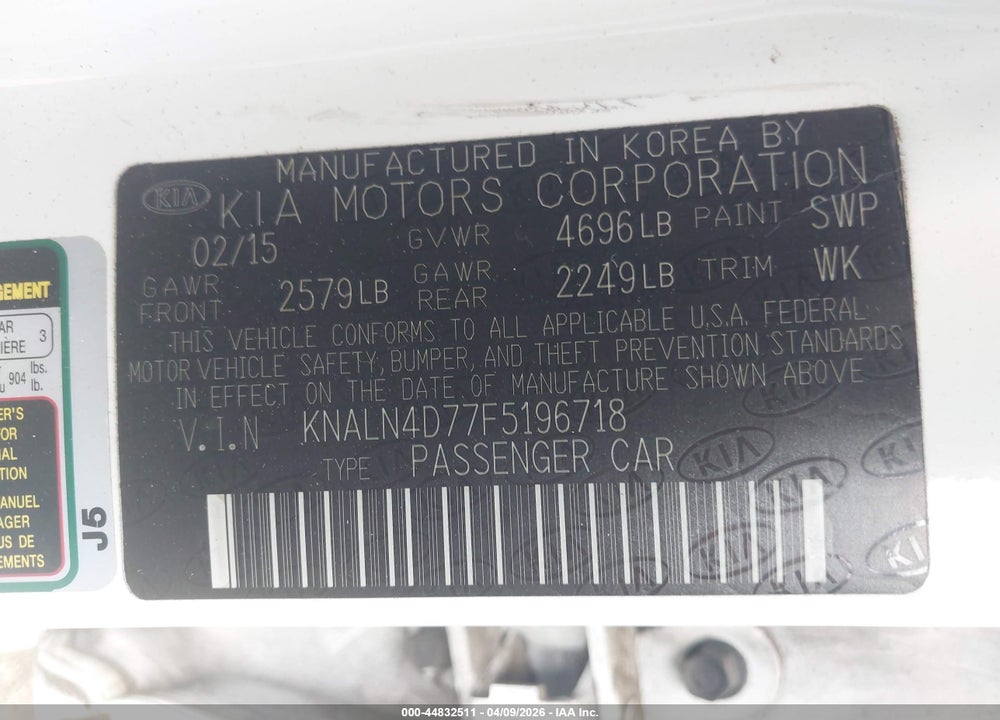 2015 KIA CADENZA PREMIUM VIN: KNALN4D77F5196718