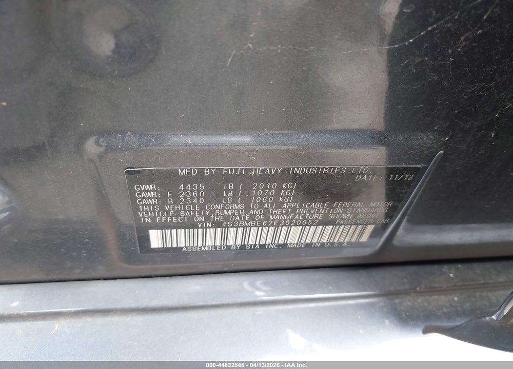 2014 SUBARU LEGACY 2.5I PREMIUM VIN: 4S3BMBE62E3020052