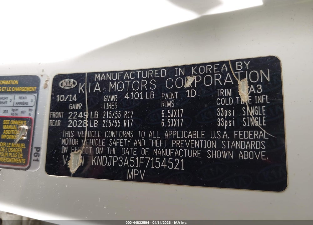 2015 KIA SOUL + VIN: KNDJP3A51F7154521