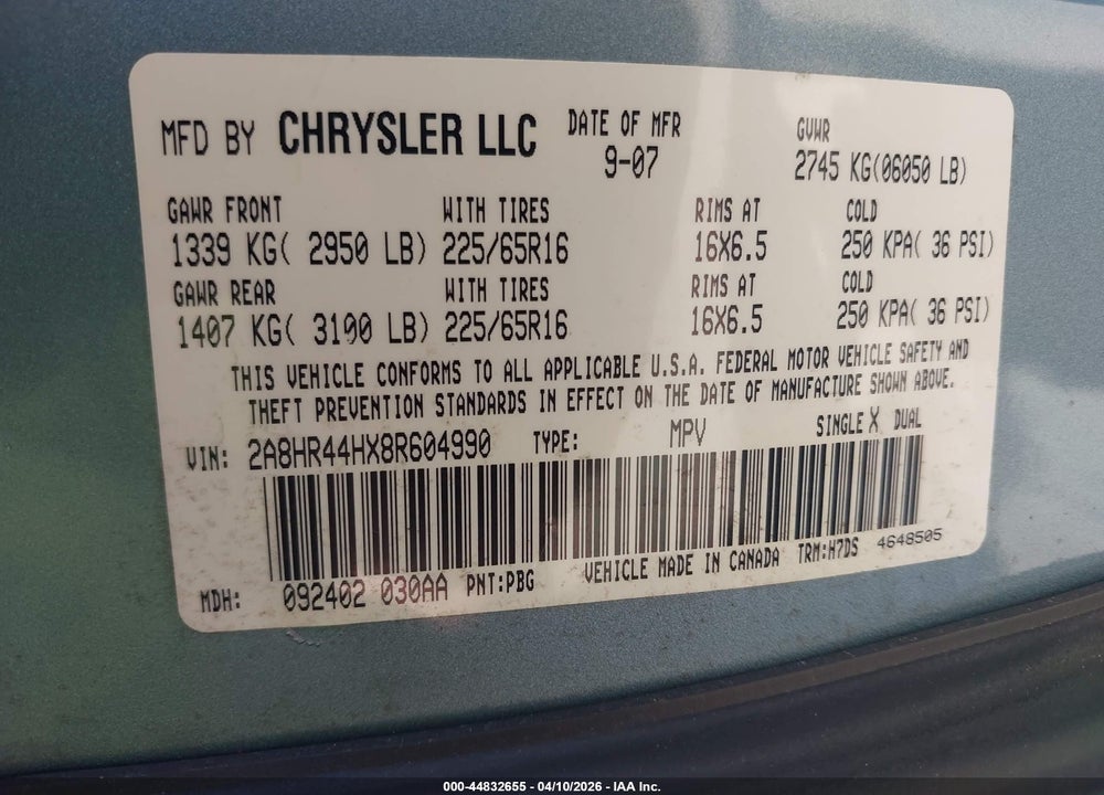 2008 CHRYSLER TOWN & COUNTRY LX VIN: 2A8HR44HX8R604990