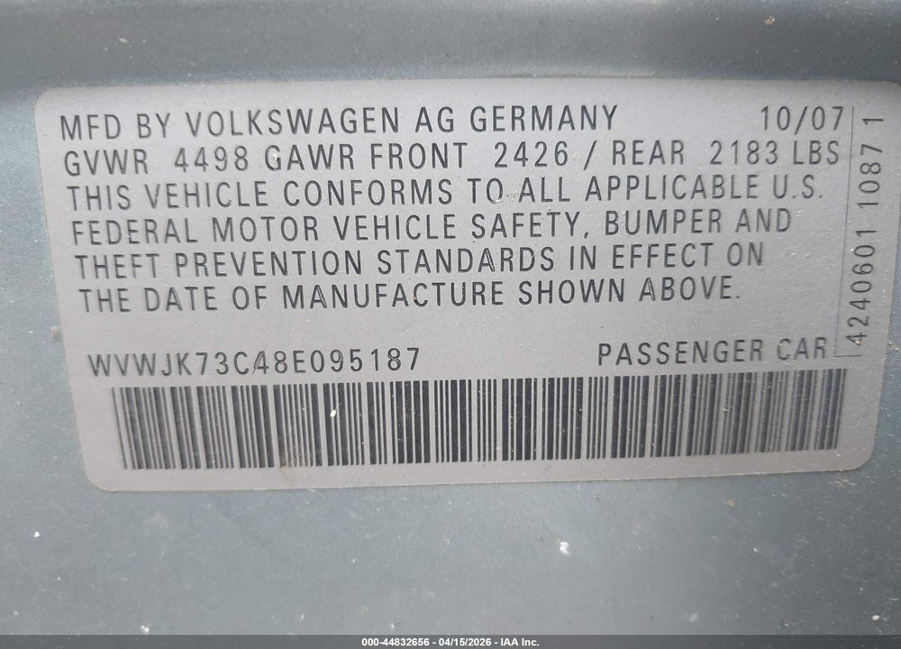 2008 VOLKSWAGEN PASSAT TURBO VIN: WVWJK73C48E095187