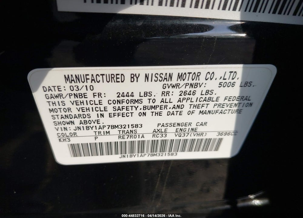2011 INFINITI M37 VIN: JN1BY1AP7BM321583