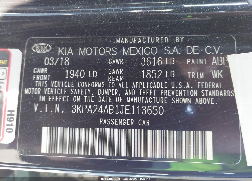 2018 KIA RIO S VIN: 3KPA24AB1JE113650