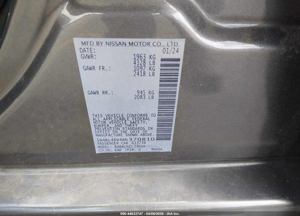 2024 NISSAN ALTIMA SV FWD VIN: 1N4BL4DV4RN370810