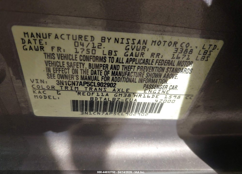 2012 NISSAN VERSA 1.6 SV VIN: 3N1CN7AP5CL902902