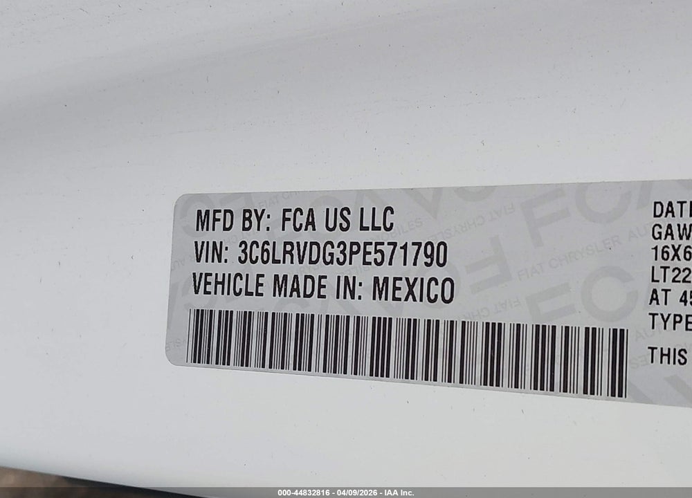 2023 RAM PROMASTER 2500 HIGH ROOF 159 WB VIN: 3C6LRVDG3PE571790