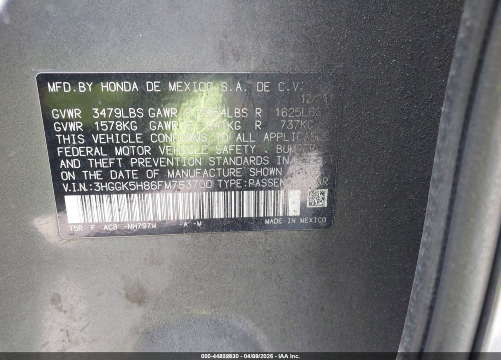 2015 HONDA FIT EX/EX-L VIN: 3HGGK5H86FM763700