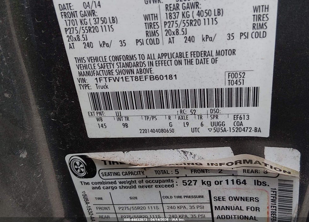2014 FORD F-150 PLATINUM VIN: 1FTFW1ET8EFB60181