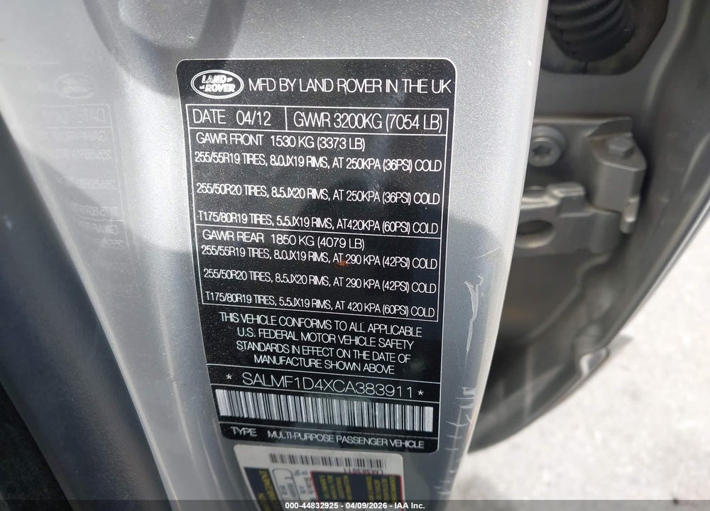 2012 LAND ROVER RANGE ROVER HSE VIN: SALMF1D4XCA383911