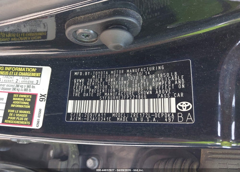 2015 TOYOTA COROLLA L VIN: 5YFBURHE3FP221866