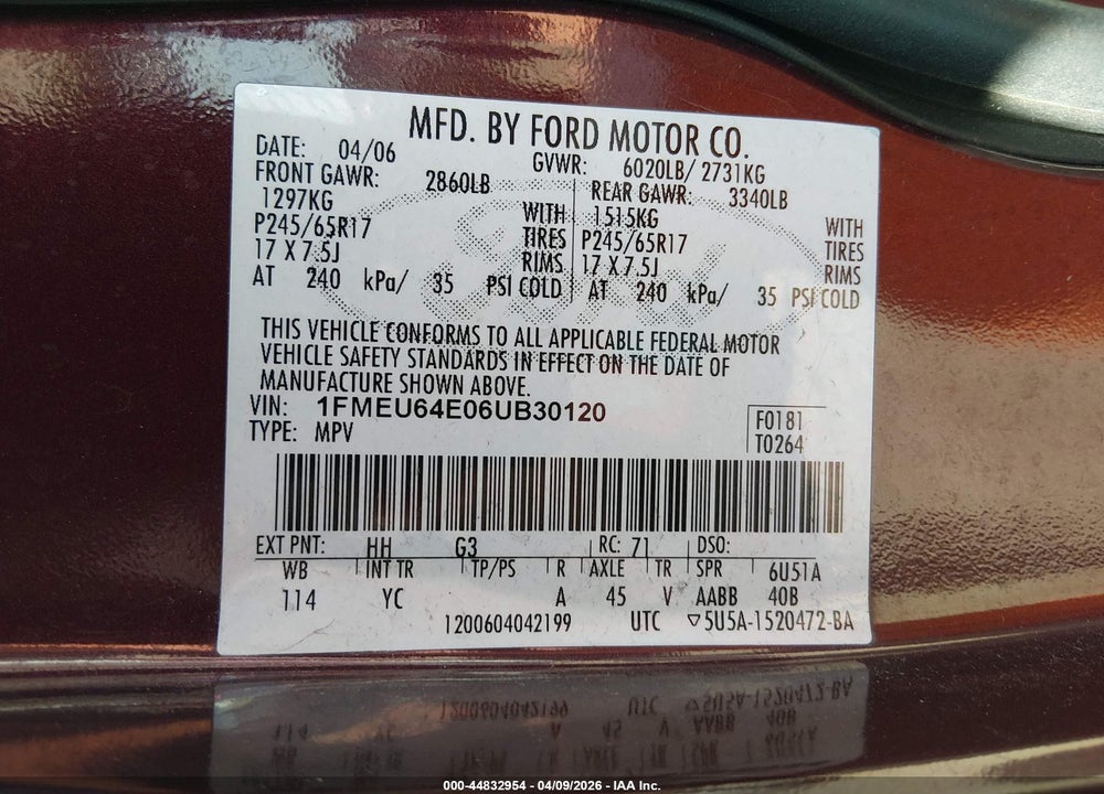 2006 FORD EXPLORER EDDIE BAUER VIN: 1FMEU64E06UB30120