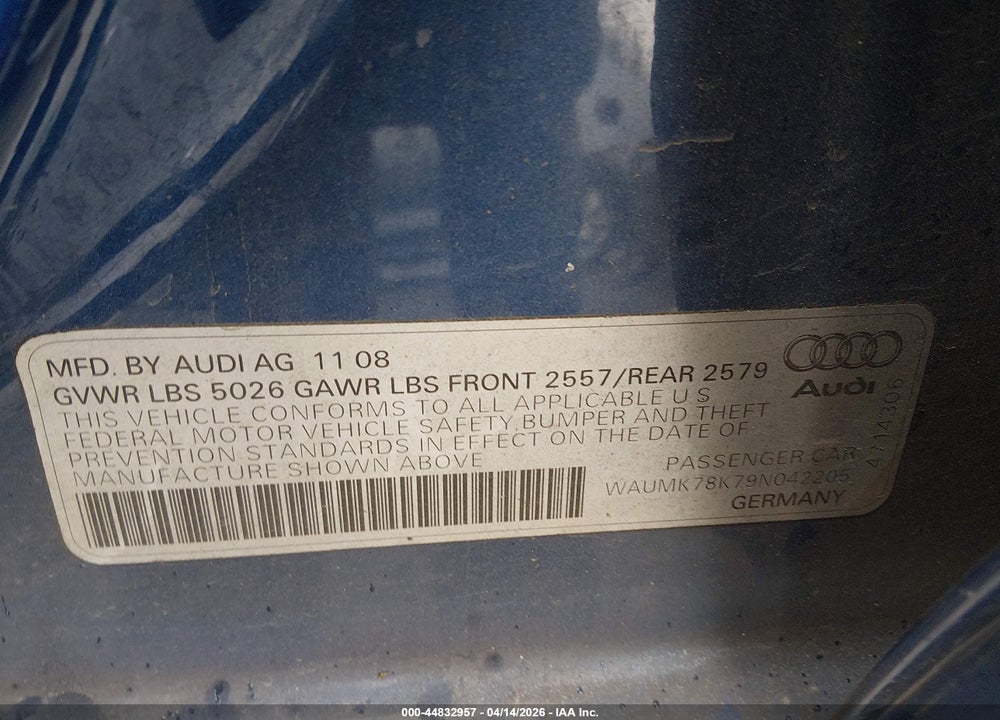 2009 AUDI A4 3.2 PREMIUM PLUS VIN: WAUMK78K79N042205