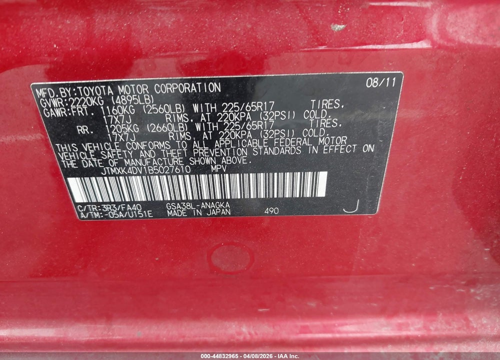 2011 TOYOTA RAV4 LIMITED V6 VIN: JTMXK4DV1B5027610