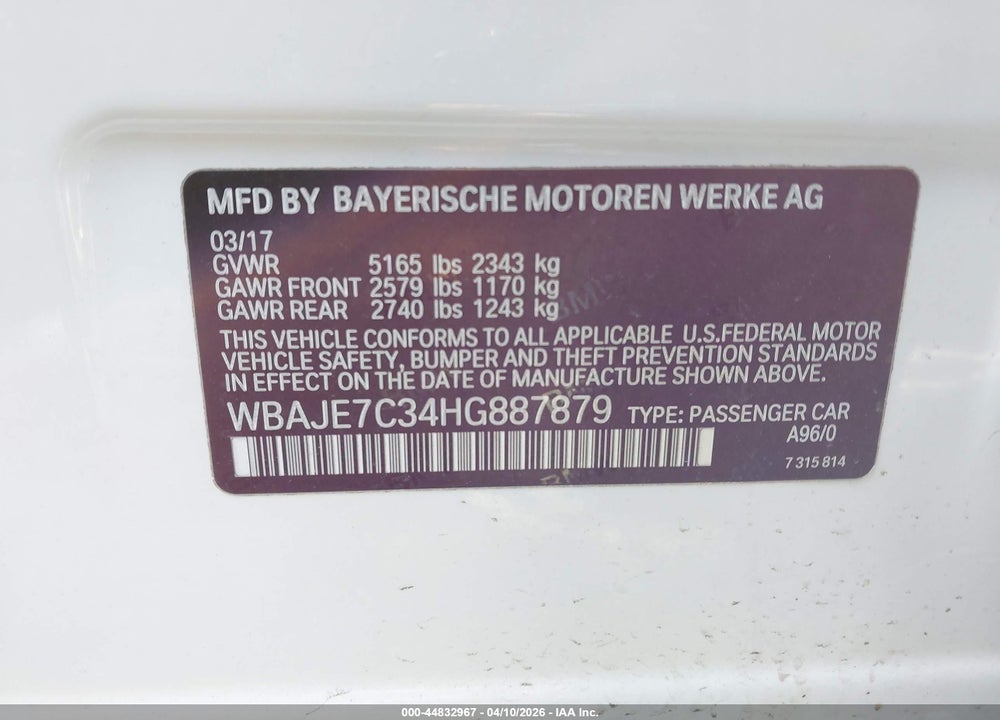 2017 BMW 540I XDRIVE VIN: WBAJE7C34HG887879