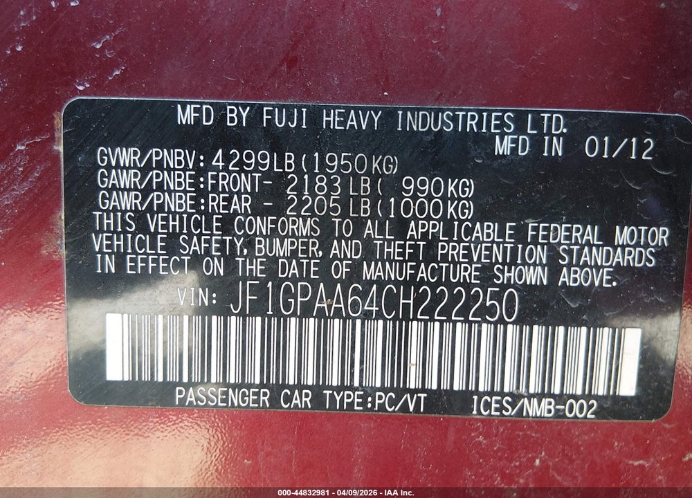 2012 SUBARU IMPREZA 2.0I VIN: JF1GPAA64CH222250