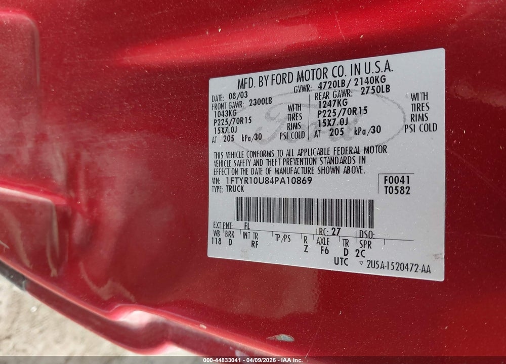 2004 FORD RANGER EDGE/XL/XLT VIN: 1FTYR10U84PA10869