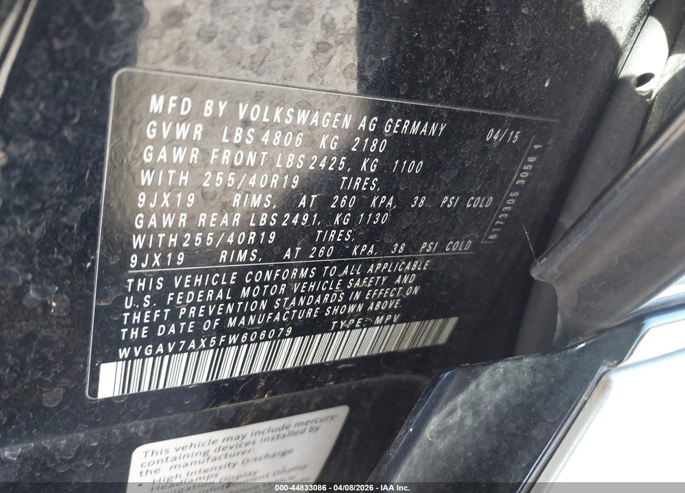 2015 VOLKSWAGEN TIGUAN R-LINE VIN: WVGAV7AX5FW606079