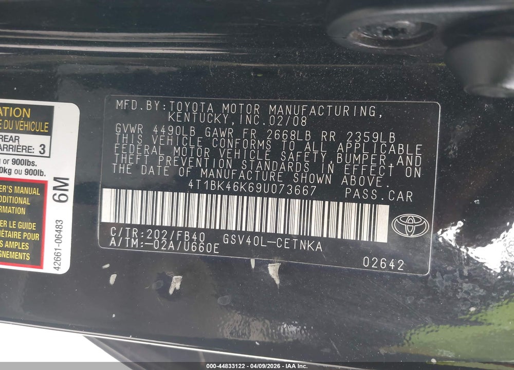 2009 TOYOTA CAMRY LE V6 VIN: 4T1BK46K69U073667