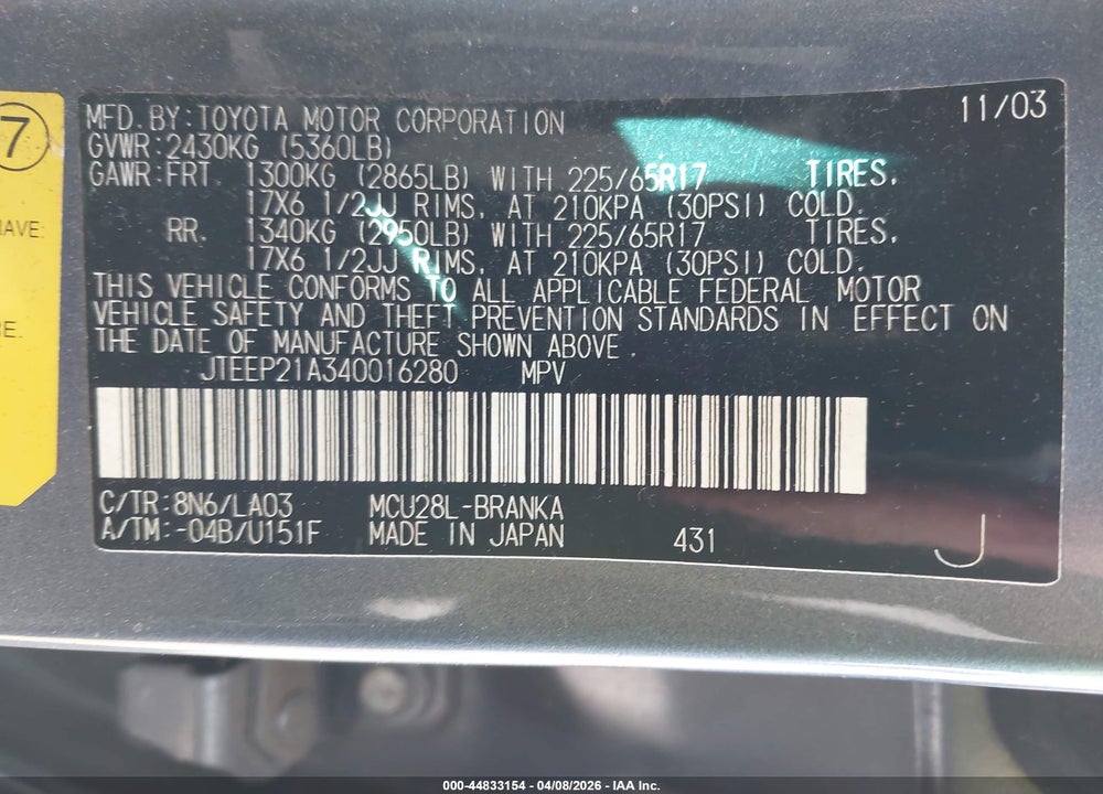 2004 TOYOTA HIGHLANDER LIMITED V6 VIN: JTEEP21A340016280