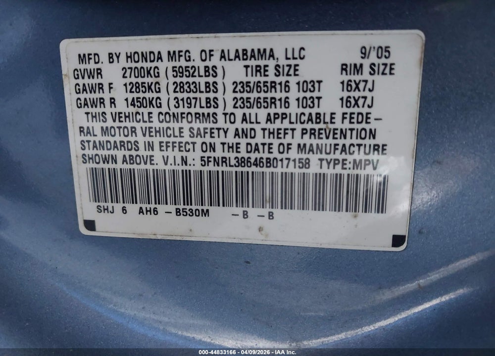 2006 HONDA ODYSSEY VIN: 5FNRL38646B017158