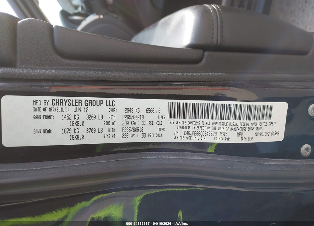 2012 JEEP GRAND CHEROKEE LIMITED VIN: 1C4RJFBG6CC343528