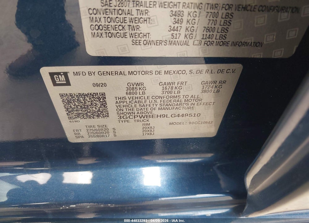 2020 CHEVROLET SILVERADO 1500 2WD  SHORT BED CUSTOM/2WD  STANDARD BED CUSTOM VIN: 3GCPWBEH9L6449510