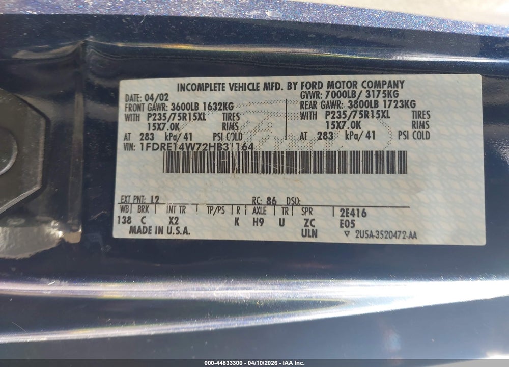 2002 FORD E-150 COMMERCIAL/RECREATIONAL VIN: 1FDRE14W72HB31164